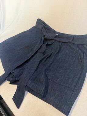 Pink Lily Denim Shorts L Blue Cotton Tie Waist Wide Leg High Rise Summer Casual